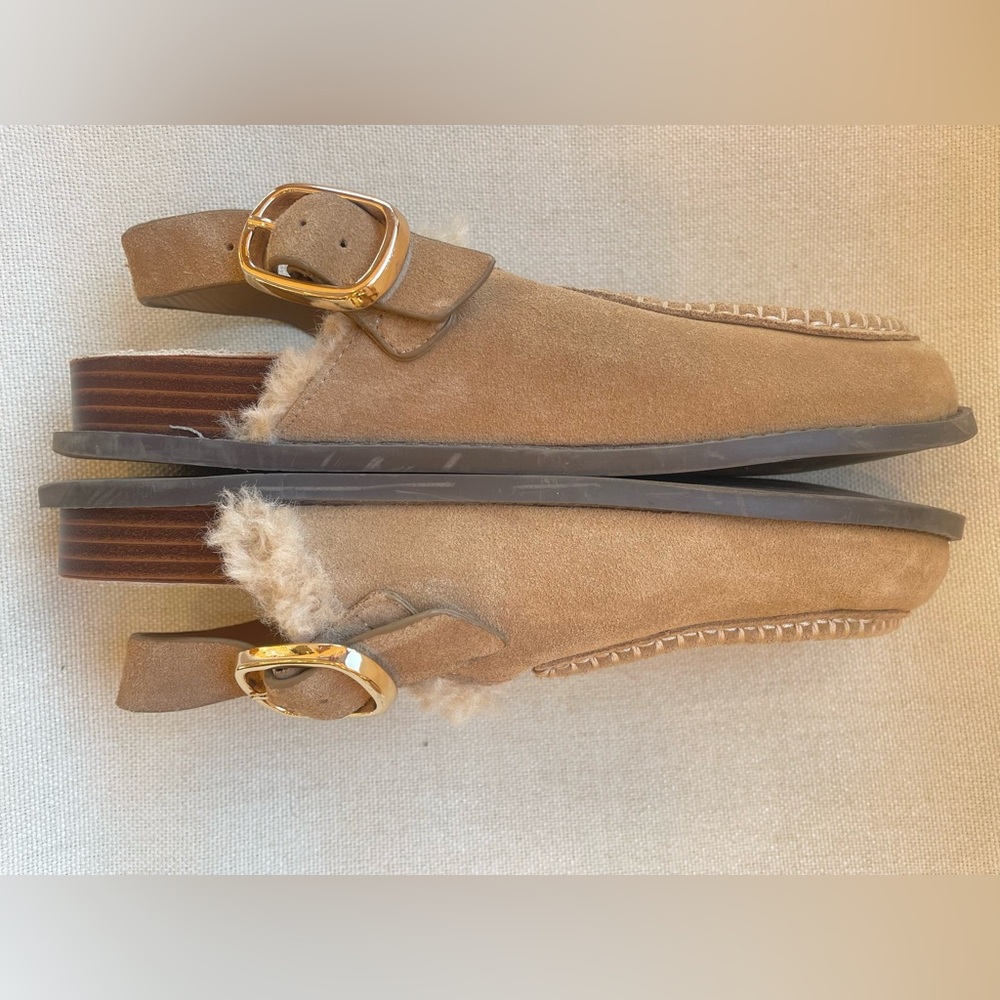 ZARA Tan Sling Back Suede Fur Lined Mule Loafer Slippers with Gold Buckle - Picture 3 of 7